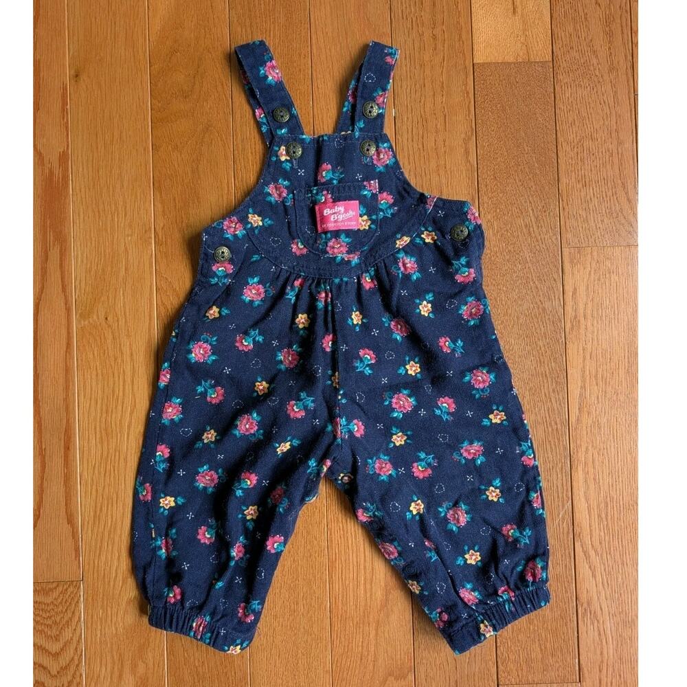 Vintage USA Oshkosh Baby Girl 18 Months Floral Hearts Overall Romper Blue Pink